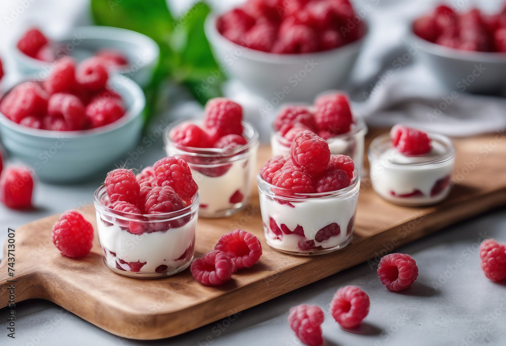 Summer healthy dessert with raspberries and yogurt on the cutting board Banner format Summer healthy dessert with raspberries and yogurt on the cutting board Banner format
