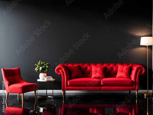 Scarlet Serenity: Chic Red Seating, Black Wall Branding Space