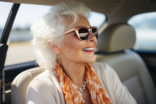 Happy senior woman driving car alone, enjoying ride for safe elderly driver safety