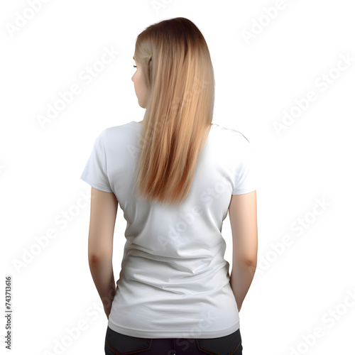 back view of woman in blank white t shirt on grey background