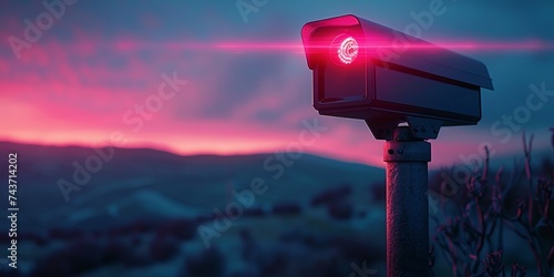 Modern security camera keeps vigilant watch under a dramatic dusk sky