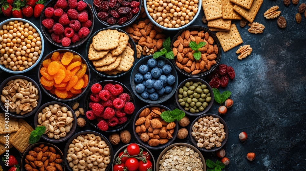 A tempting array of healthy snacks graces the dark textured background, with nuts, seeds, berries, and whole grain crackers offering a satisfying combination of taste and nutrition.