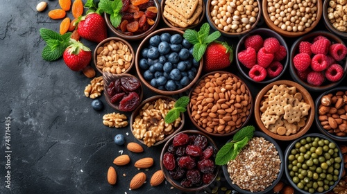 Adorning a dark textured background, an enticing variety of healthy snacks awaits discovery, with nuts, seeds, berries, and whole grain crackers providing a delightful mix of textures and flavors.