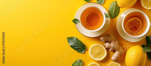 Top view of a cup of tea with sliced lemons and ginger on a yellow background, offering a refreshing and aromatic beverage.