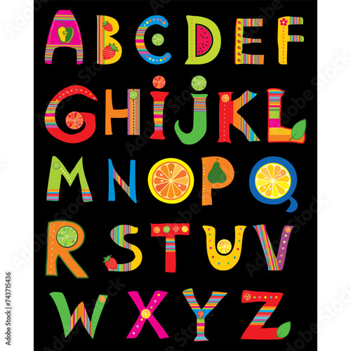 Alphabet design in a colorful style isolated on Black background. Vector illustration