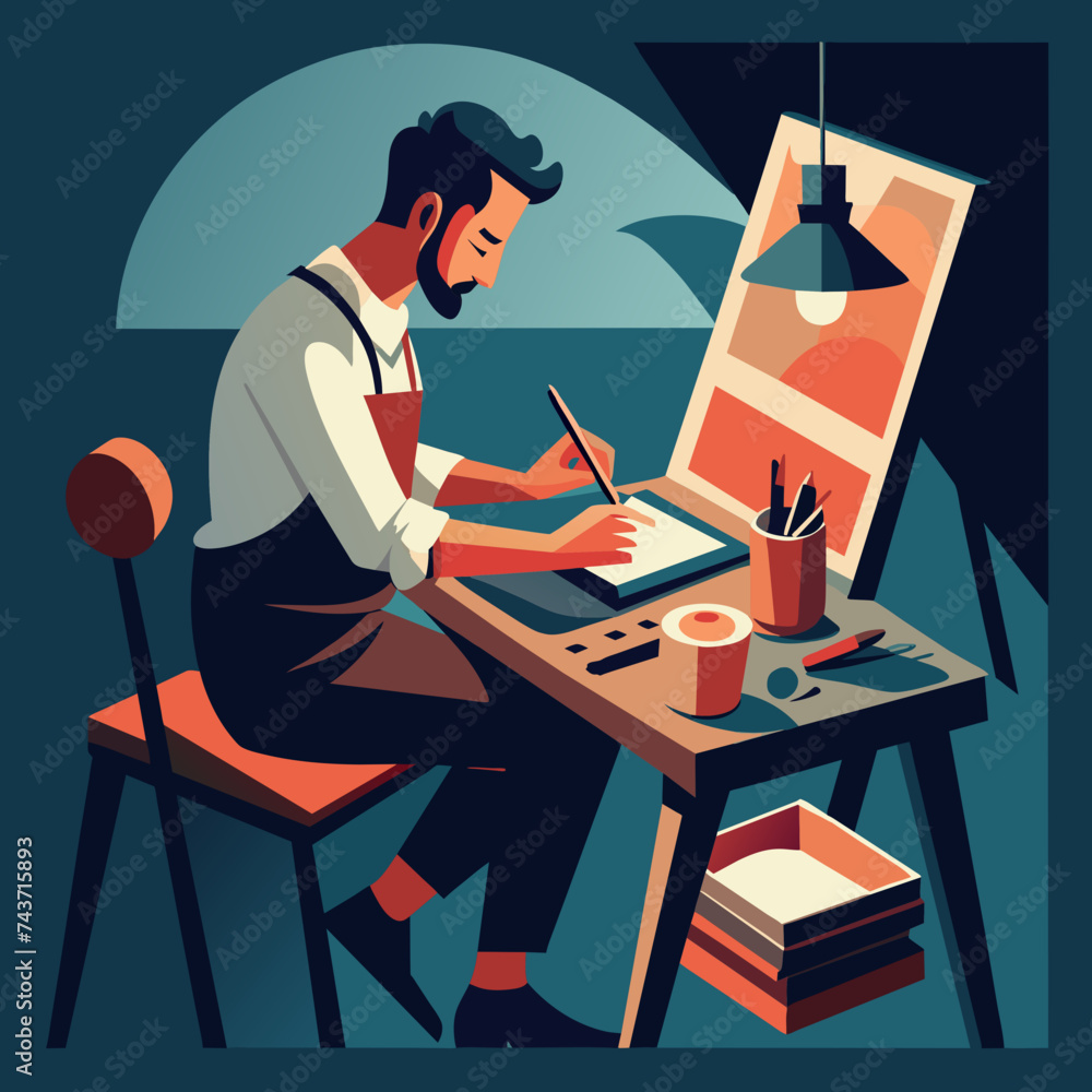 An artist meticulously crafting a masterpiece. vektor illustation An artist meticulously crafting a masterpiece. vektor illustation