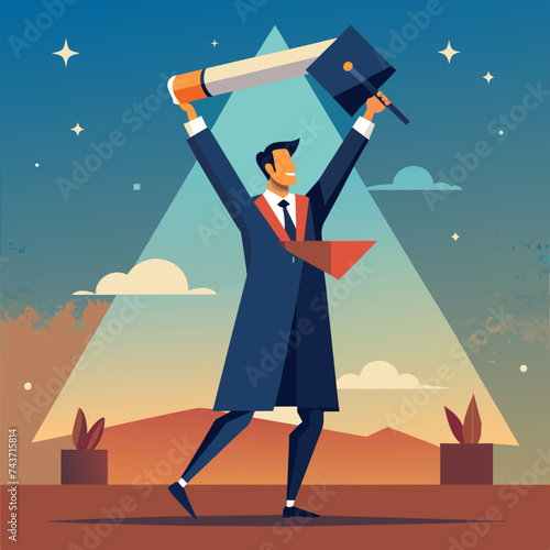 A diploma held aloft in triumph. vektor illustation