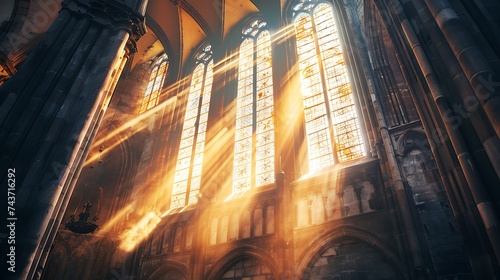 The cathedral is illuminated by sunlight architectural details large iconic. Generative Ai
