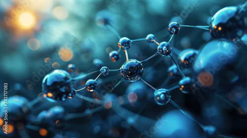 Scientific backdrop. Molecular structure at atomic level. Dark blue background.Medical technology concept. Generative AI