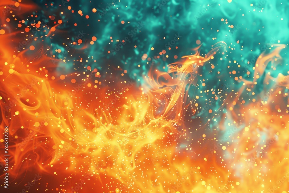 dance of fire and smoke, where vibrant orange flames intertwine with ethereal teal smoke against a dark backdrop