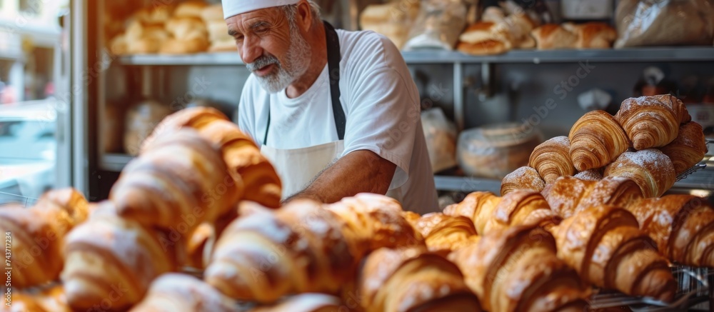Experienced baker sells croissants in bakery.