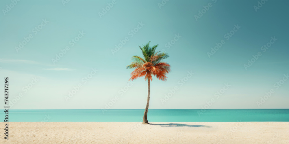 Fototapeta premium Palm on a sunny tropical sea shore under turquoise sky. Vacation concept. Generative AI