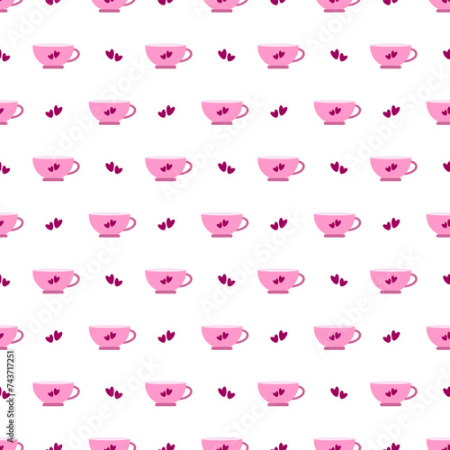 Seamless pattern with the image of cups. Hearts. Vector graphics