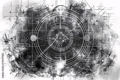  Abstract black and white technical sketch with circular designs and splatters
