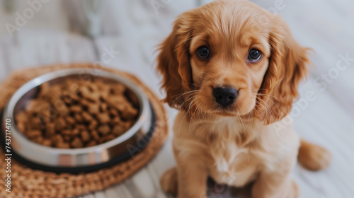 Adorable Golden Retriever Puppy Waiting Patiently for Mealtime.