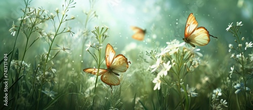 Butterflies gracefully float among green and white flowers, embraced by nature's beauty and sunlit skies.