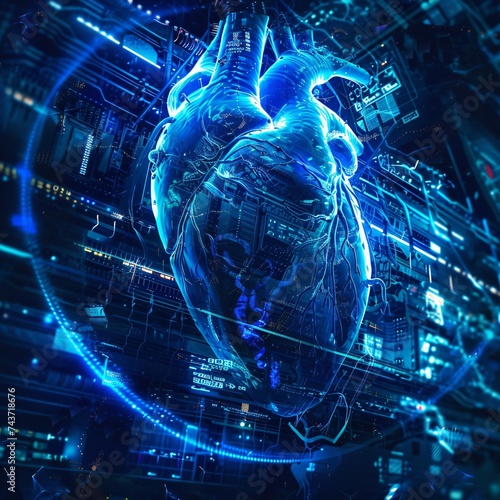 Digital illustration of heartbeats glowing in blue intertwined with technologys embrace