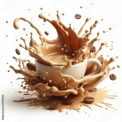 Coffee splashes in porcelain cup on white background. Hot beverages. AI generated