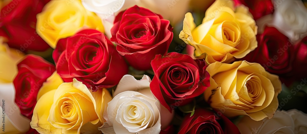 Obraz premium A stunning closeup of a bouquet featuring red, yellow, and white roses. The vibrant colors of the roses create a beautiful and eye-catching display.