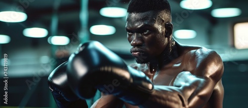 Black African male boxer training in a gym, throwing punches with gloves.