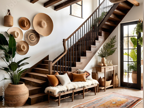 Chic Boho Charm: Modern Entrance with Rustic Wooden Staircase