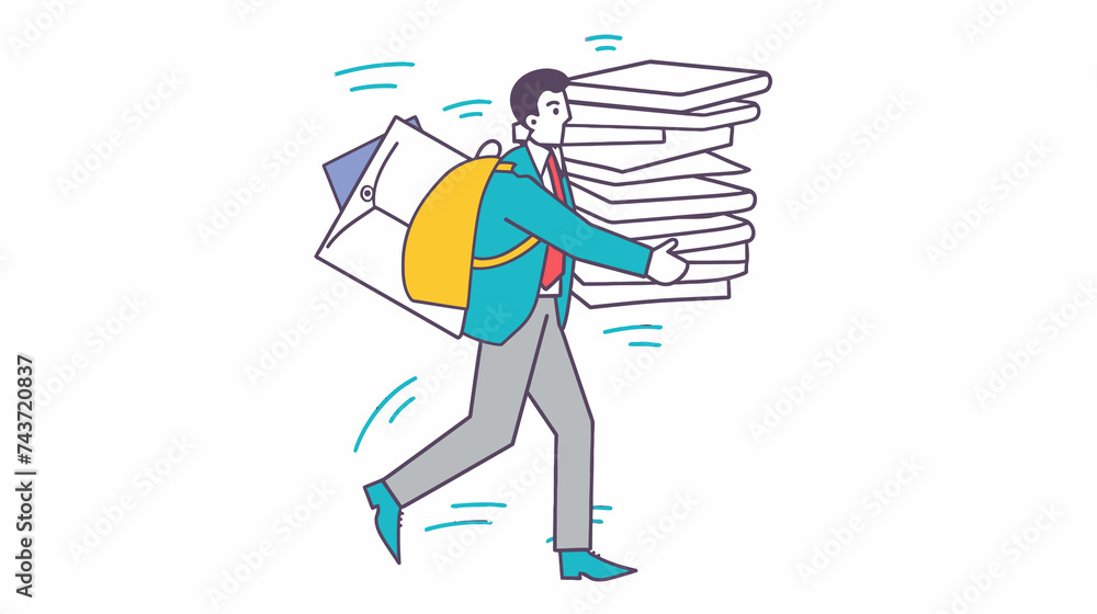 a white man carrying stacks of papers that are blowing over him, in the style of linear illustrations, flat surfaces, made of rubber, busy compositions, contact printing, simplified,