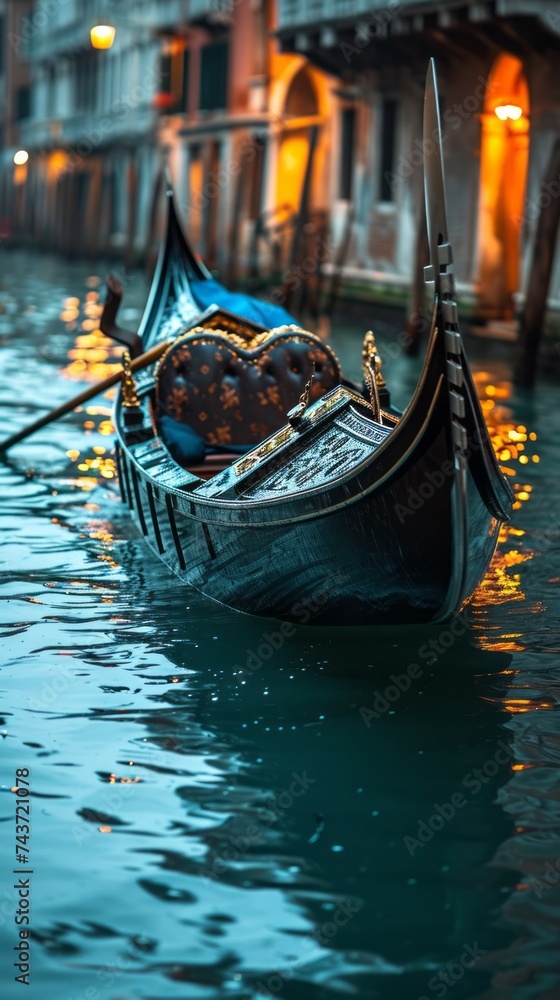 Venetian gondola floating in gentle waters of canal under crescent moon - obrazy, fototapety, plakaty 