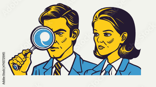 a man and woman are looking at each other through a magnifying glass, in the style of pop art-inspired illustrations, fluxus, deteriorated, mirrored, heroic masculinity, #myportfolio, high resolution photo