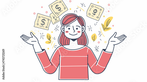 woman drawing in the air and money, in the style of simple, colorful illustrations, meticulous, happycore, shiny, mingei, strong lines, relatable personality photo