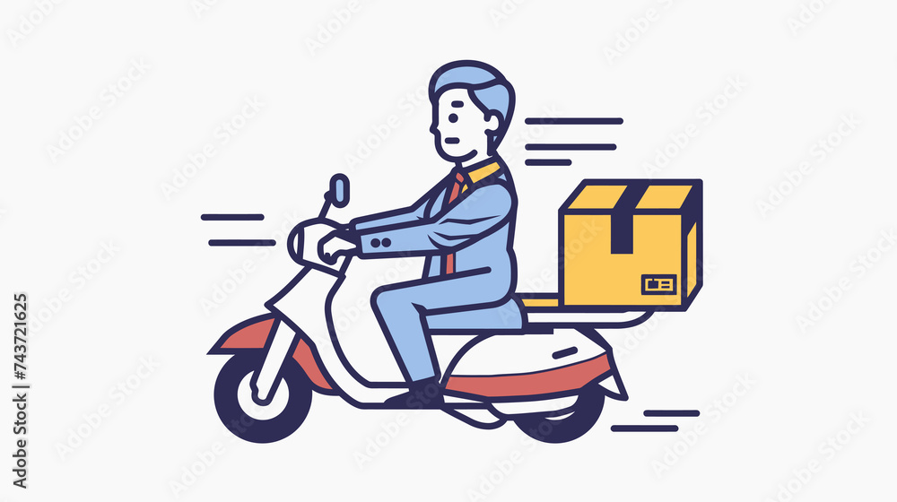  man on a scooter with he delivery box on the side, in the style of simplified colors, meticulous lines, light navy, streamlined design, elegantly formal, heavy outlines, light red and light gray