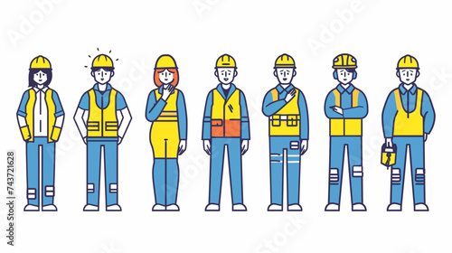construction workers people in yellow yellow and blue, in the style of emphasis on character design, meticulous lines, animated gifs, stripes and shapes, working-class empathy, fragmented icons, detai © 酸 杨