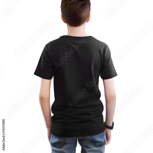 back view of boy in blank black t shirt isolated on white