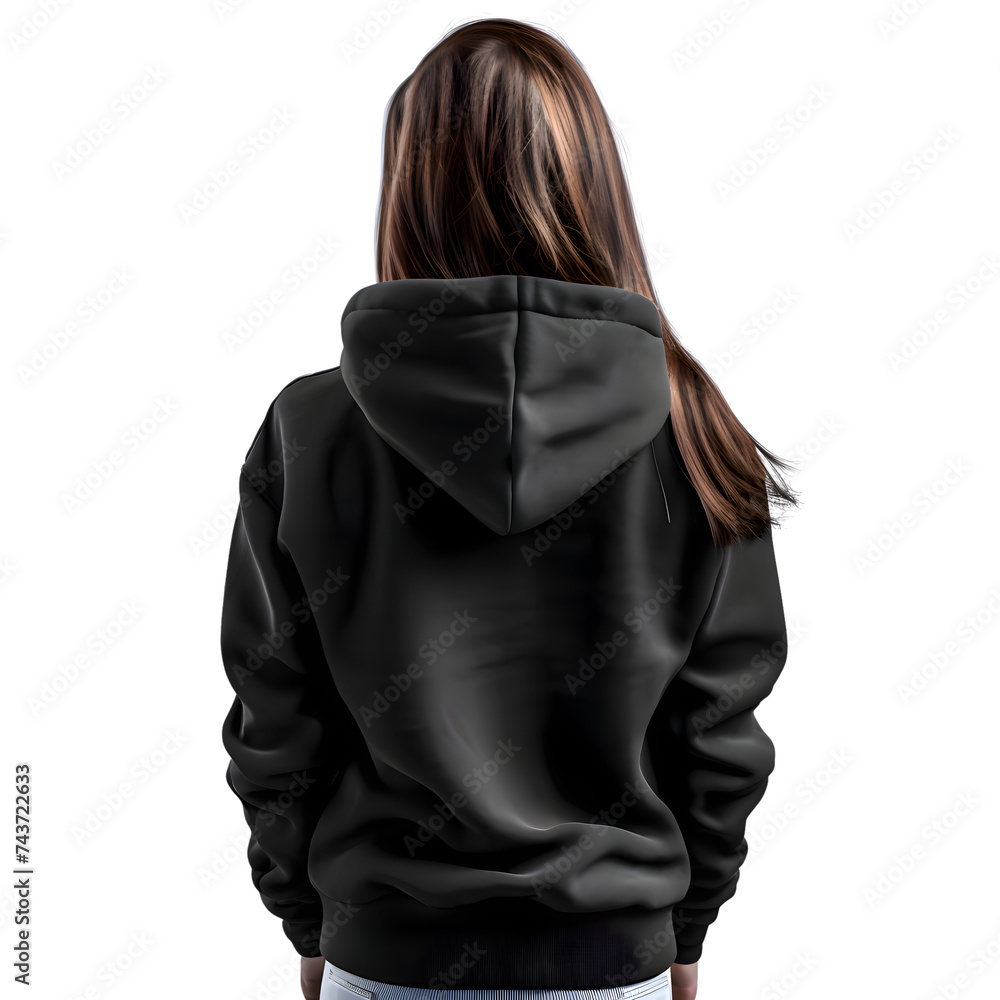 Back view of young woman in black hoodie on white background.