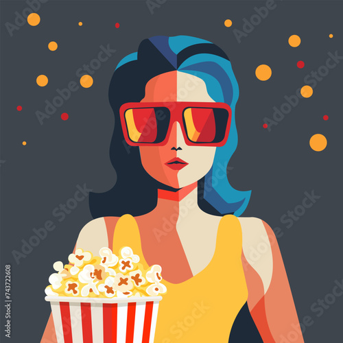 Girl sitting in movie theater vector flat illustration. Girl in 3d glasses with popcorn while watching movie in cinema hall