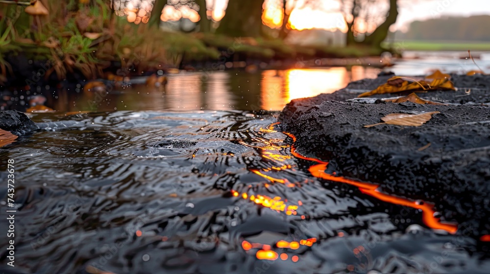 Obraz premium The source of the water with the sunset light hitting the water surface.