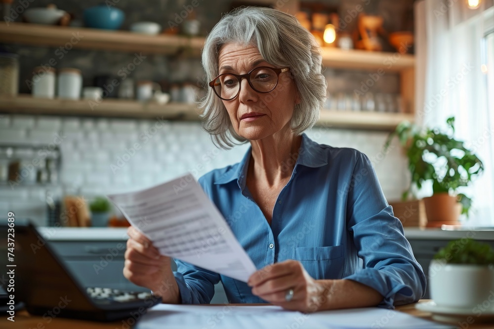 Senior mature business woman holding paper bill using calculator, old lady managing finance, calculating money budget tax, planning banking loan debt pension payment sit at kitchen, Generative AI - obrazy, fototapety, plakaty 