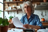Senior mature business woman holding paper bill using calculator, old lady managing finance, calculating money budget tax, planning banking loan debt pension payment sit at kitchen, Generative AI