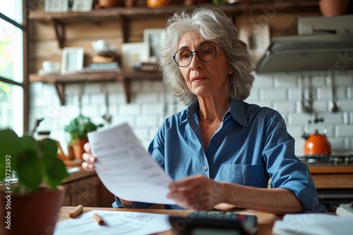 Senior mature business woman holding paper bill using calculator, old lady managing finance, calculating money budget tax, planning banking loan debt pension payment sit at kitchen, Generative AI photo