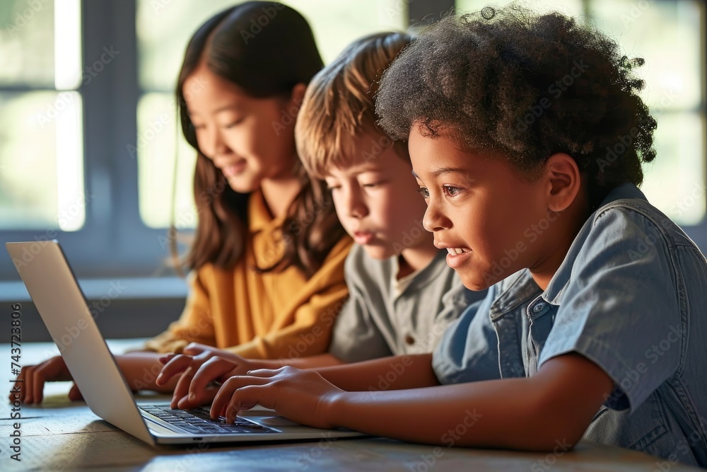 Diverse happy school kids using laptop computer together in classroom. Multicultural children junior students classmates learning online elementary education program at. Generative AI Diverse happy school kids using laptop computer together in classroom. Multicultural children junior students classmates learning online elementary education program at. Generative AI