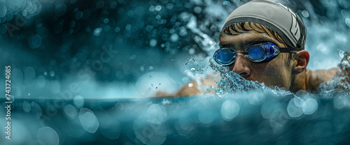 Swimmer in the pool Panorama, template, banner. Competitive swimmer moving through the water performing the butterfly stroke during swimming training, front view. © Olena