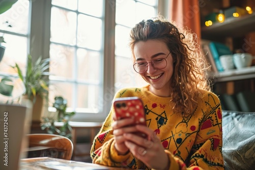 Young happy woman using cell phone drinking coffee relaxing at home. Smiling pretty lady holding smartphone enjoying mobile shopping, checking social media messages, Generative AI