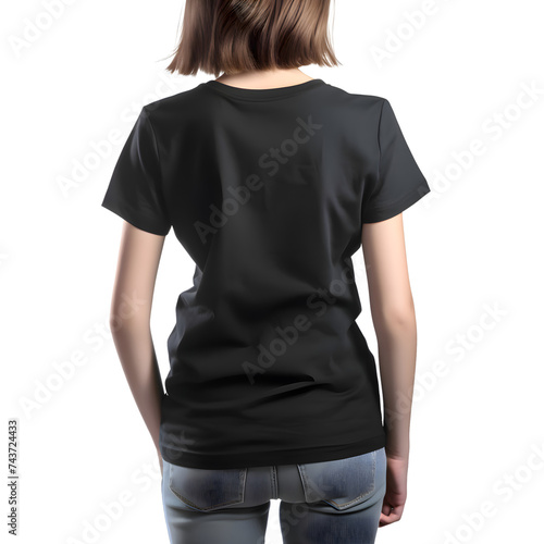 Blank black t shirt mockup on female body. front view