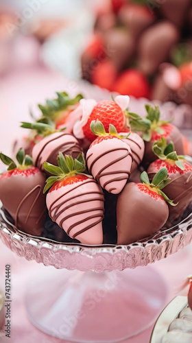Strawberries in pink and milk chocolate cover in glass vase, vertical photo, close up