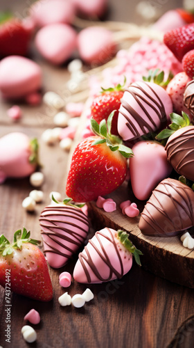 Strawberries in pink and milk chocolate on wooden table, vertical photo, close up. Concept of healthy snack, food or dessert