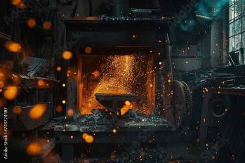 blacksmith heats a metal rod in a fiery forge, sparks flying as he hammers it on the anvil