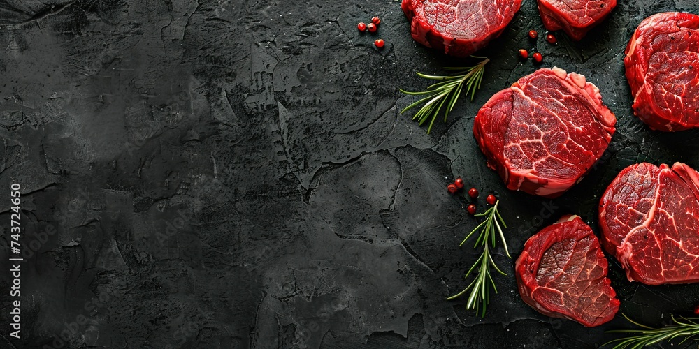 Fresh selected raw meat, steak meat, cooking process, beef, restaurant, rosemary, background. - obrazy, fototapety, plakaty 