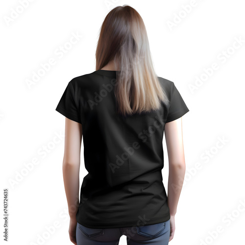 back view of a young woman in black t shirt isolated on white background