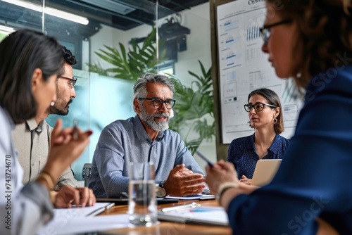 Diverse executive team people discussing company strategy at board meeting. Multicultural employees with senior leader listening indian manager brainstorming working sitting, Generative AI