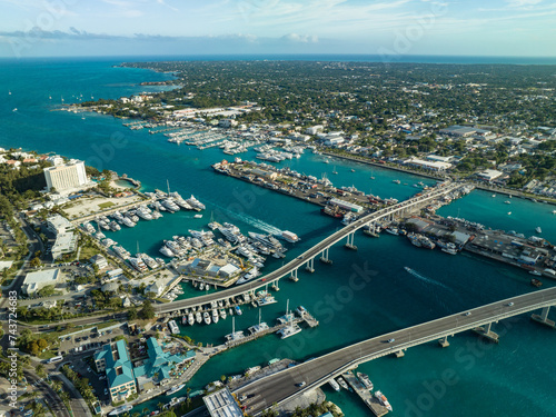 Aerial view: Paradise Island Bridge and Nassau Harbour, New Providence Island, Bahamas.