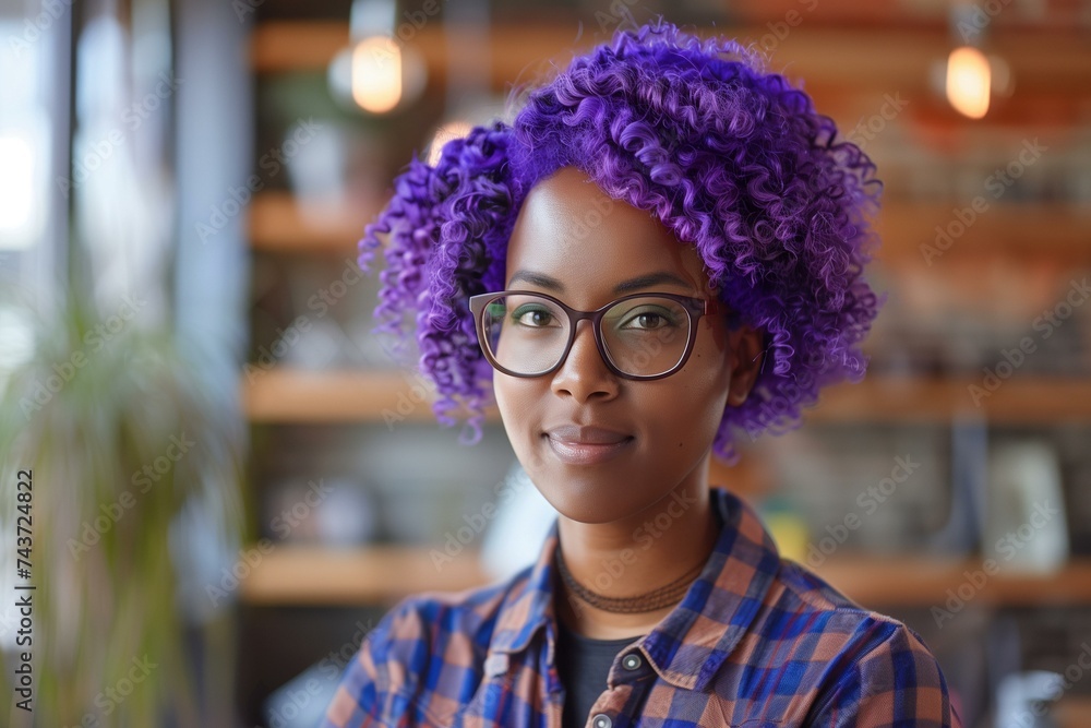 Diverse leadership portrait of a successful young African American CEO with striking purple hair Diverse leadership portrait of a successful young African American CEO with striking purple hair